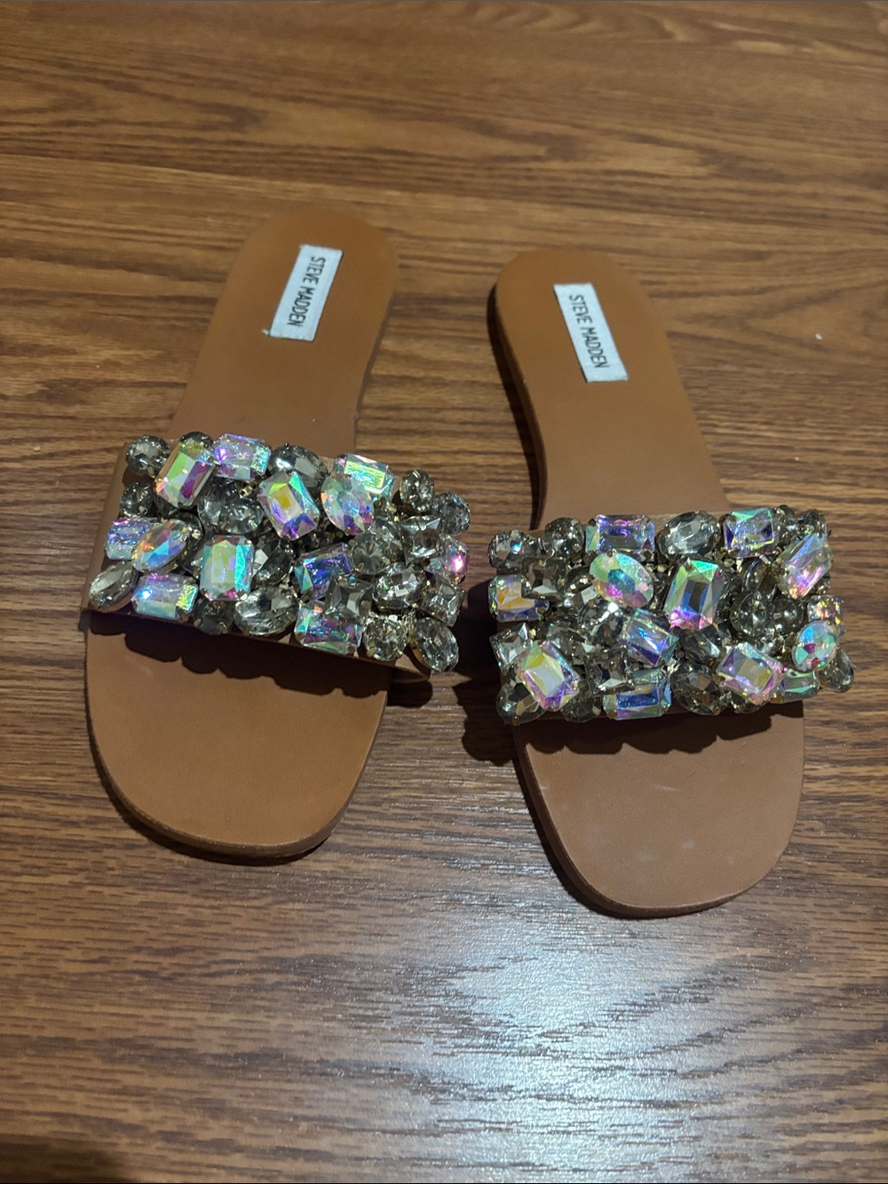 Steve Madden Tan Slide Sandals with Iridescent Crystal Embellishments